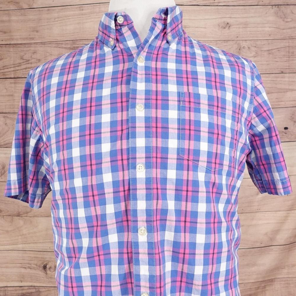 Chaps Shirt Mens‎ M Blue Short Sleeve Button-Up Plaid Stretch Poplin Regular Fit